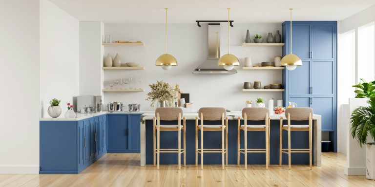 Modern kitchen interior with furniture.Stylish kitchen interior with white wall.