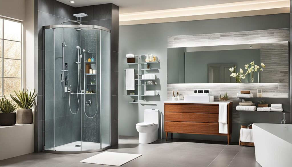 Bathroom functionality enhancements through smart technology and lighting transformation